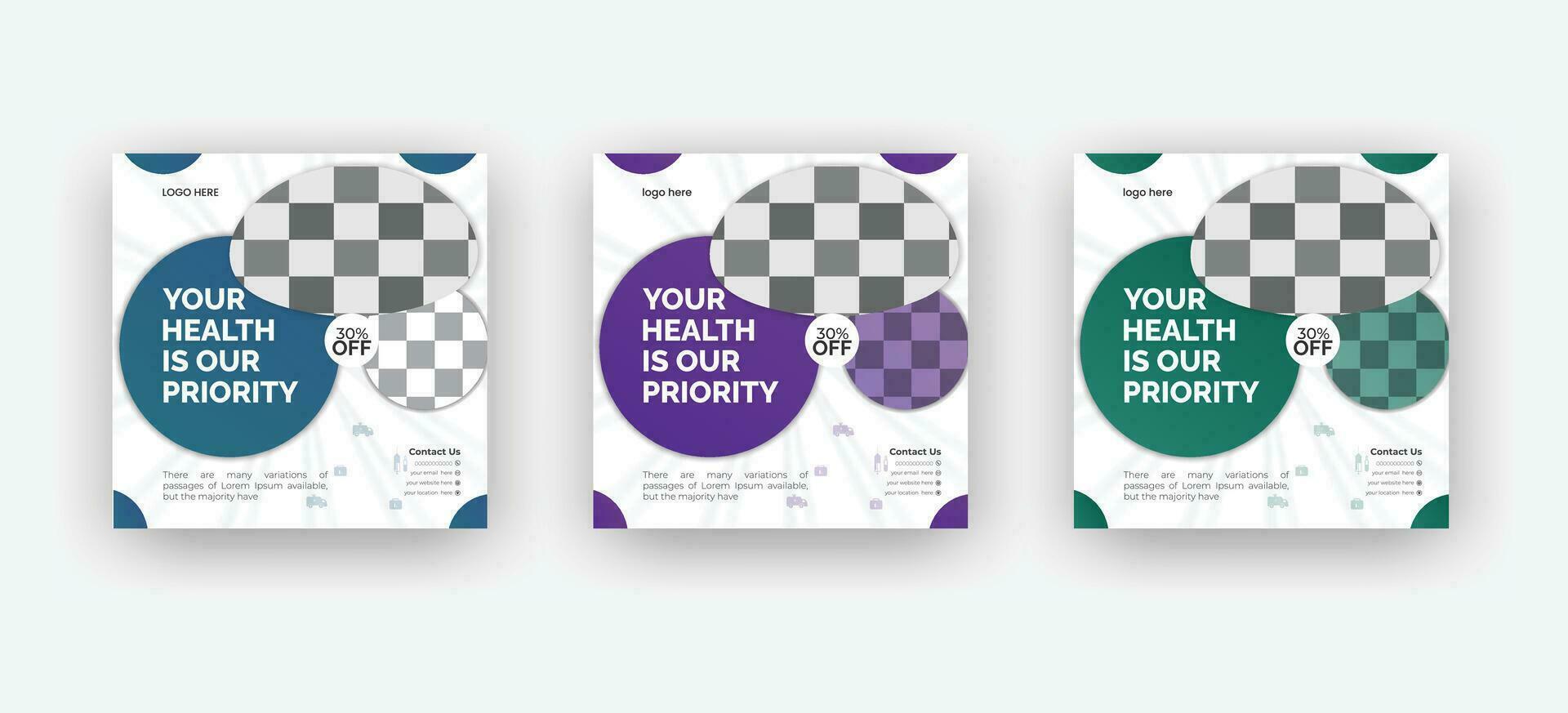 Medical social media post template design set for health, treatment, doctor banner vector