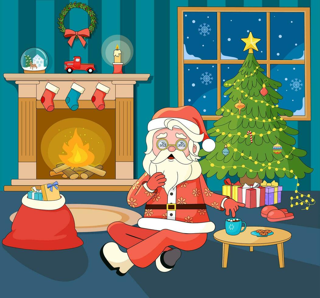 dibujos animados hippie Papa Noel claus sentado en piso en decorado habitación con chimenea, Navidad árbol y regalos. nostálgico Navidad víspera. nuevo año Clásico tarjeta. vector ilustración