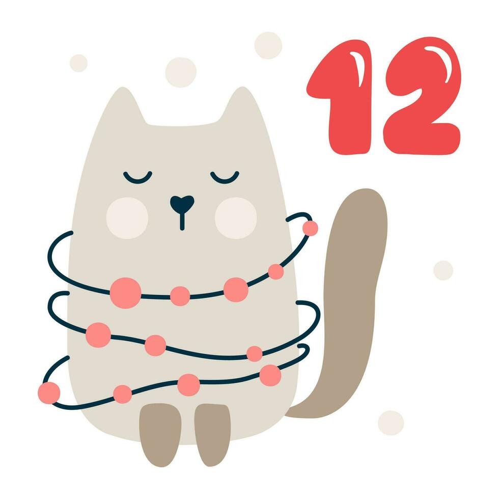 Christmas advent calendar with hand drawn cat. Day twelve 12. Scandinavian style poster. Cute winter illustration for card, poster, kid room decor, nursery art vector