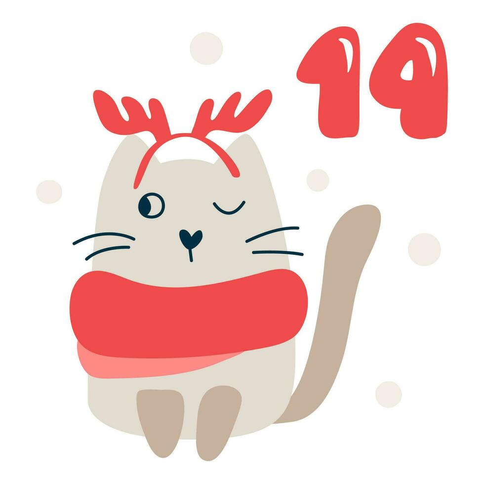 Christmas advent calendar with hand drawn cat. Day fourteen 14. Scandinavian style poster. Cute winter illustration for card, poster, kid room decor, nursery art vector