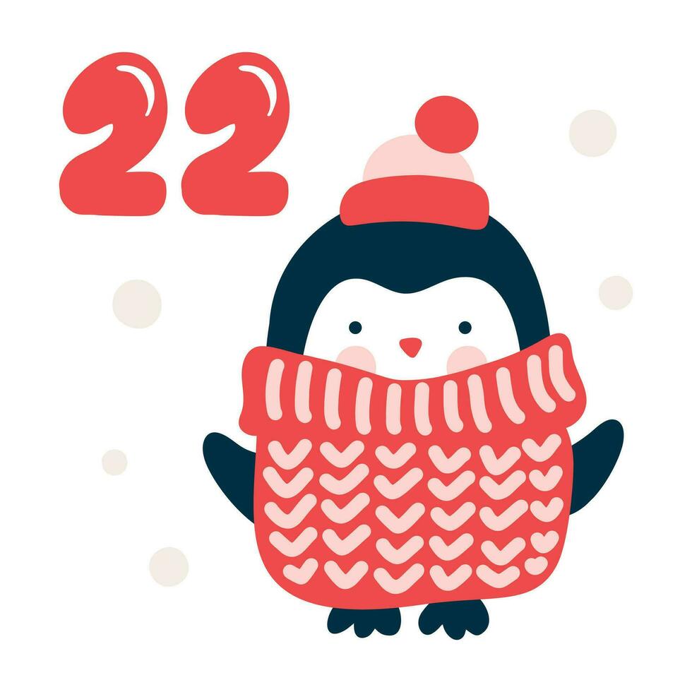 Christmas advent calendar with hand drawn element penguin. Day twenty two 22. Scandinavian style poster. Cute winter illustration for card, poster, kid room decor, nursery art vector