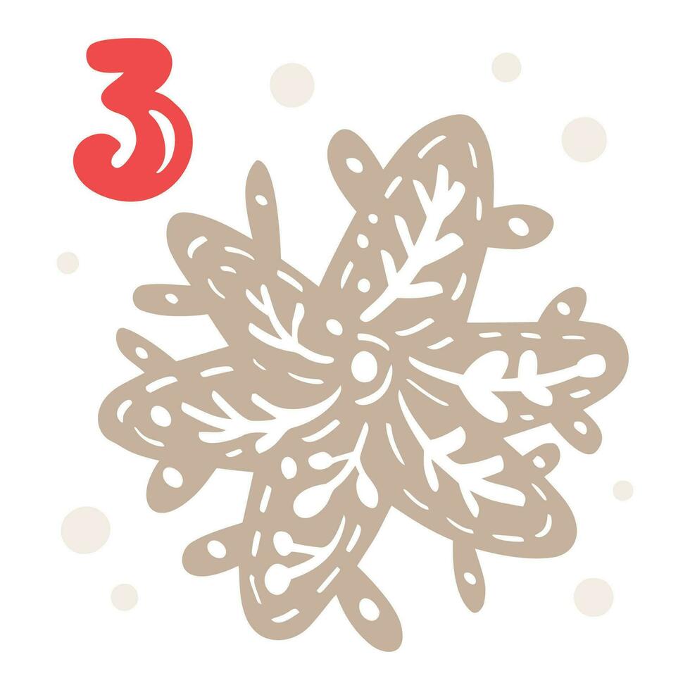 Christmas advent calendar with hand drawn element snowflake. Day three 3. Scandinavian style poster. Cute winter illustration for card, poster, kid room decor, nursery art vector