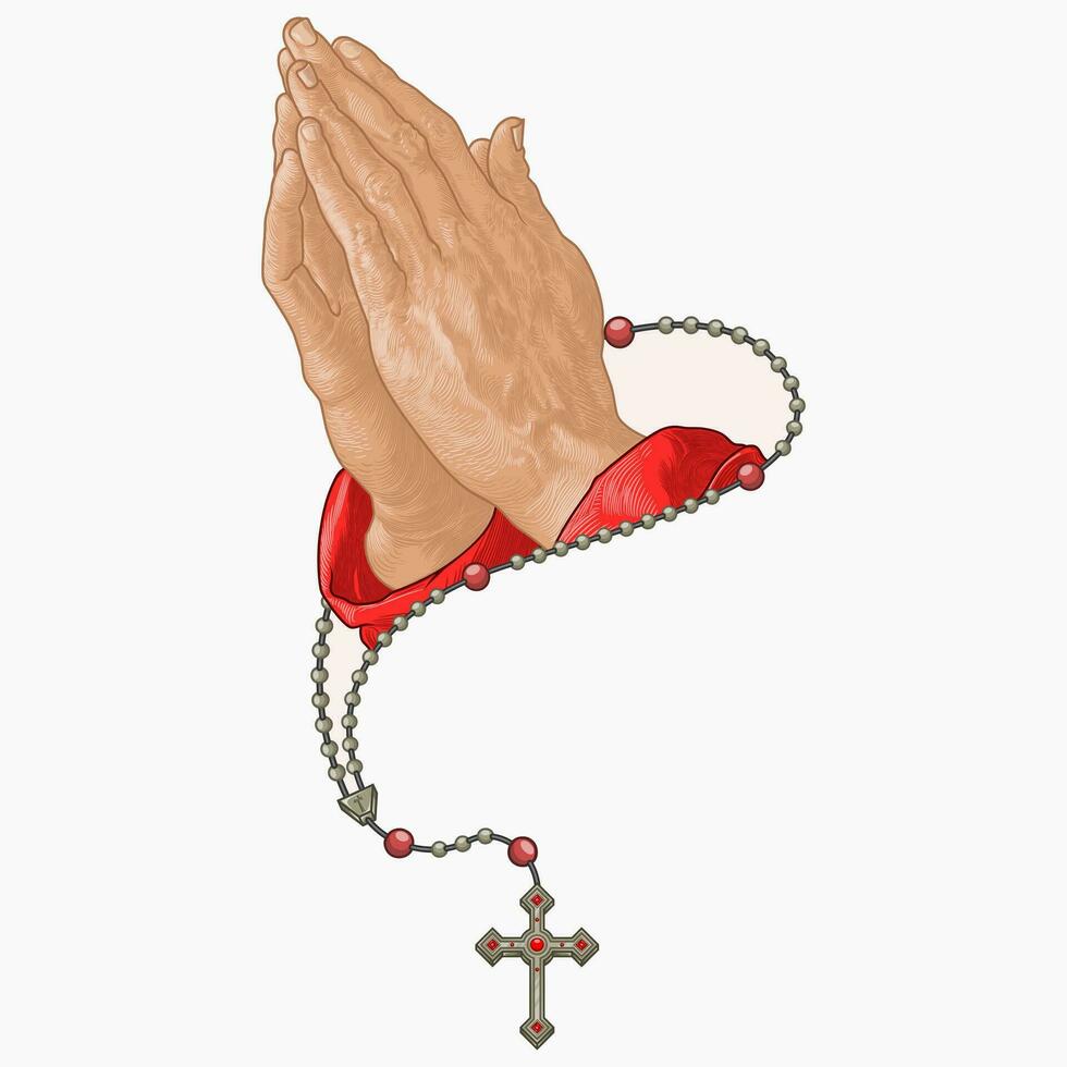 Vector design of praying hands with christian rosary, symbol of catholic religion