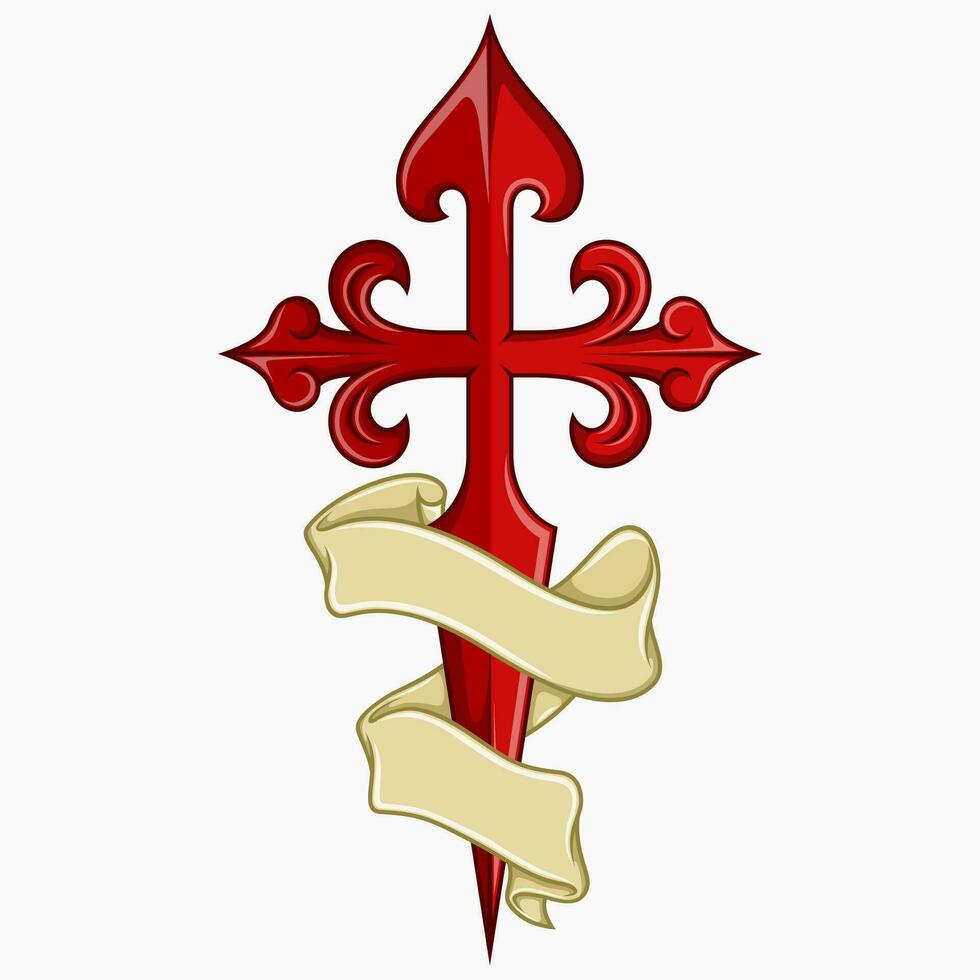 Vector design of christian symbology of the apostle santiago, santiago cross surrounded by a ribbon
