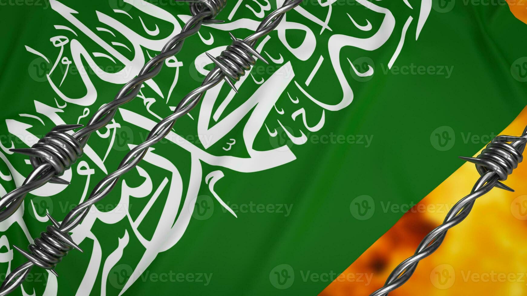 The Hamas flag on fire background 3d rendering photo