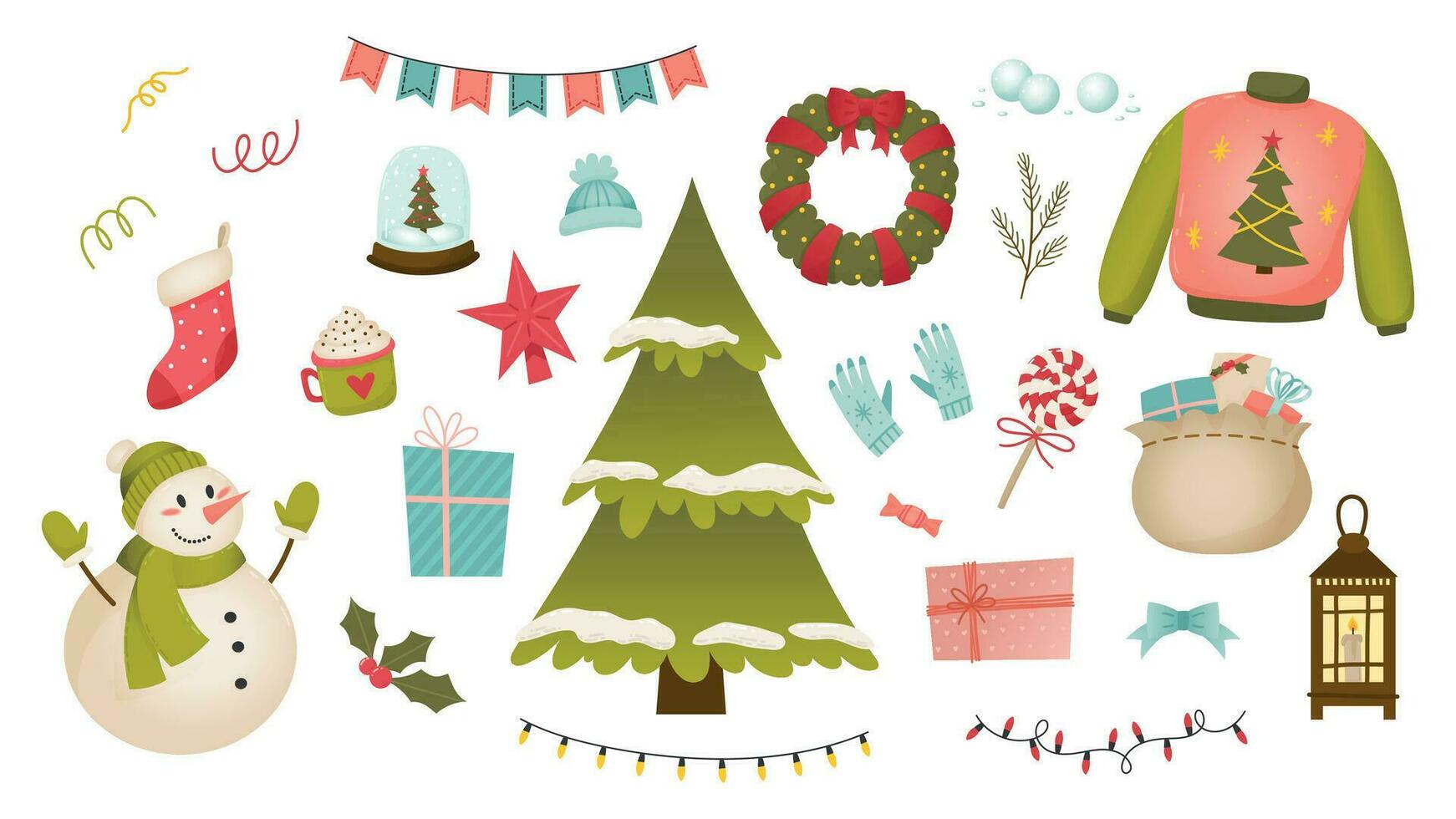 Set of cute cartoon Christmas and New Year elements with Christmas tree, garlands, wreath, holly, snowman, lantern, stocking, sweater, star, gifts, candy, lights vector