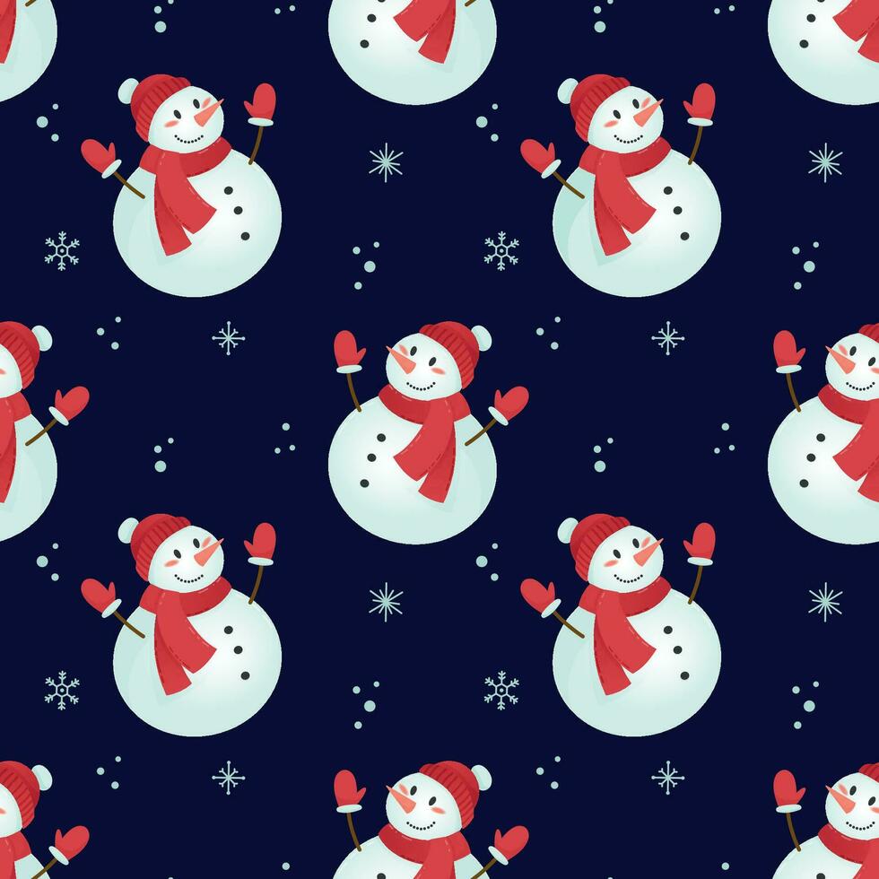 Christmas seamless pattern with cute snowman in winter outfit and snowflakes on dark blue background. Perfect for textile, wallpaper or print design vector
