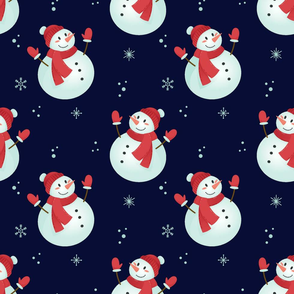 Navidad sin costura modelo con linda monigote de nieve en invierno atuendo y copos de nieve en oscuro azul antecedentes. Perfecto para textil, fondo de pantalla o impresión diseño vector