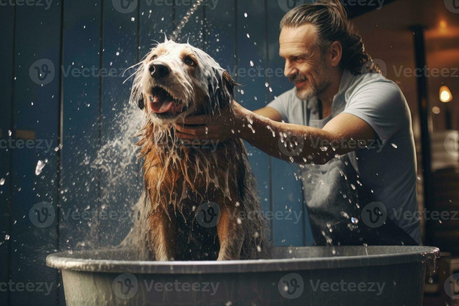 a dog is being washed by a man AI Generative photo