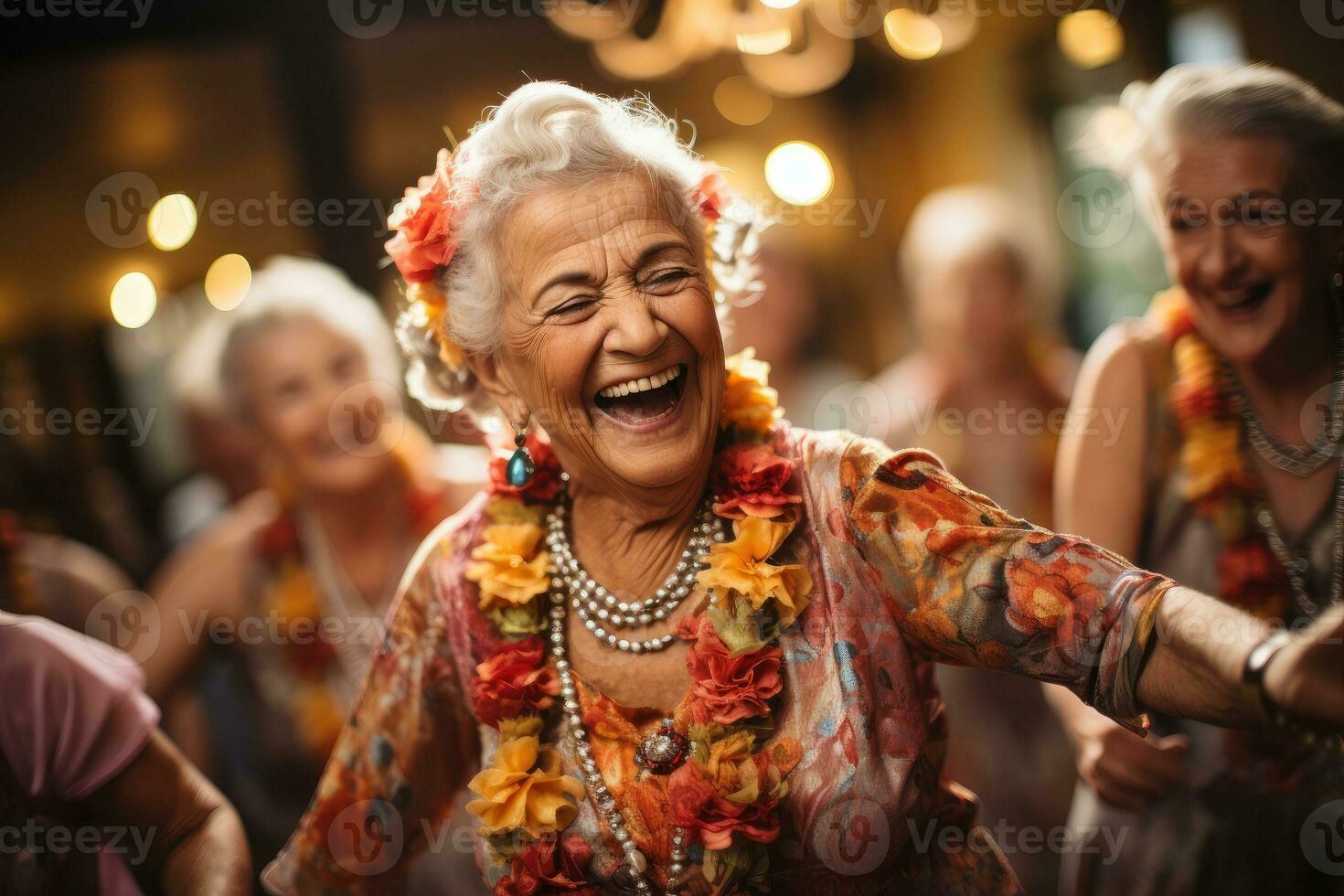 Candid capture of a joyful group of seniors showing vitality while dancing AI Generative photo