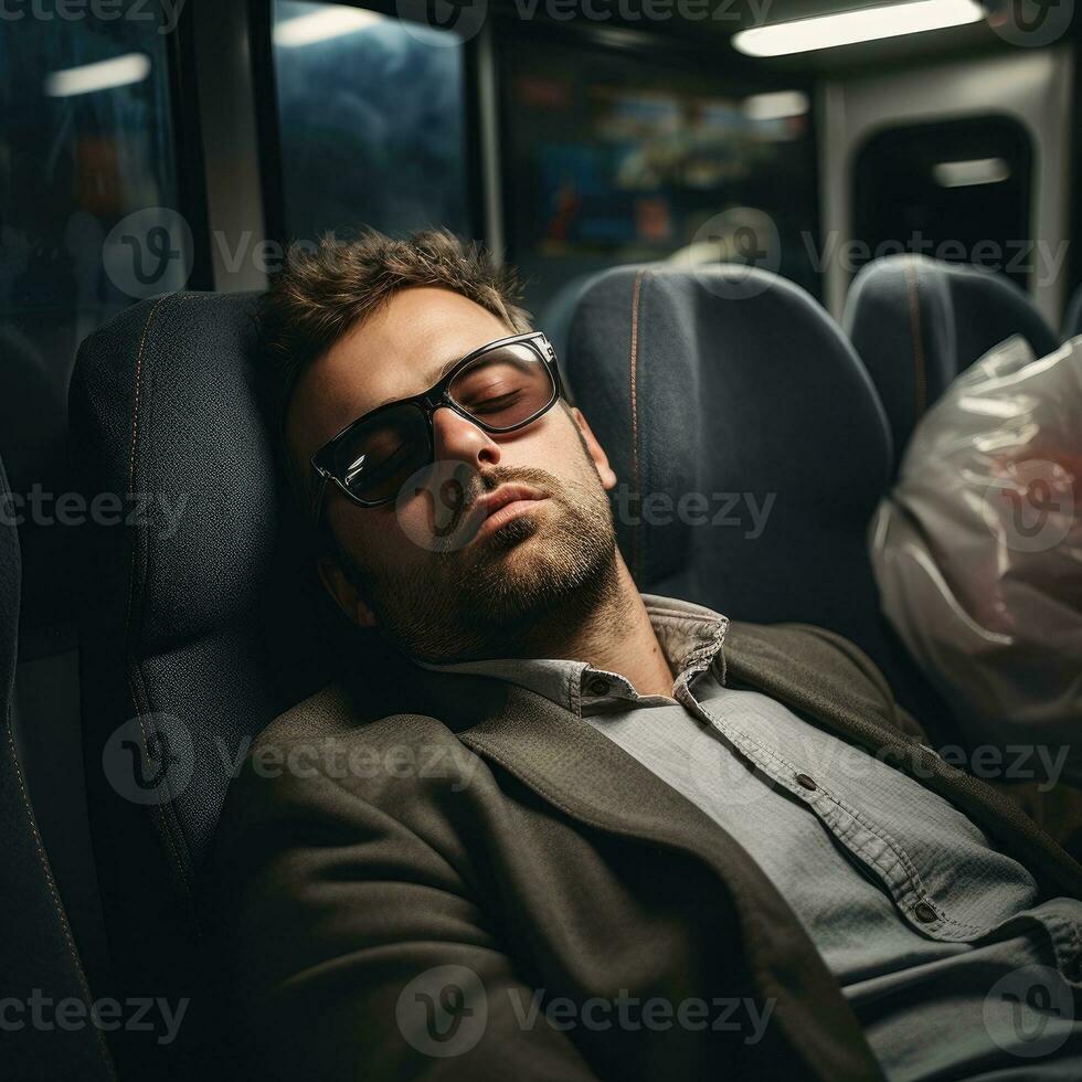 man sleeping outside on a coach wearing square glasses AI Generative photo