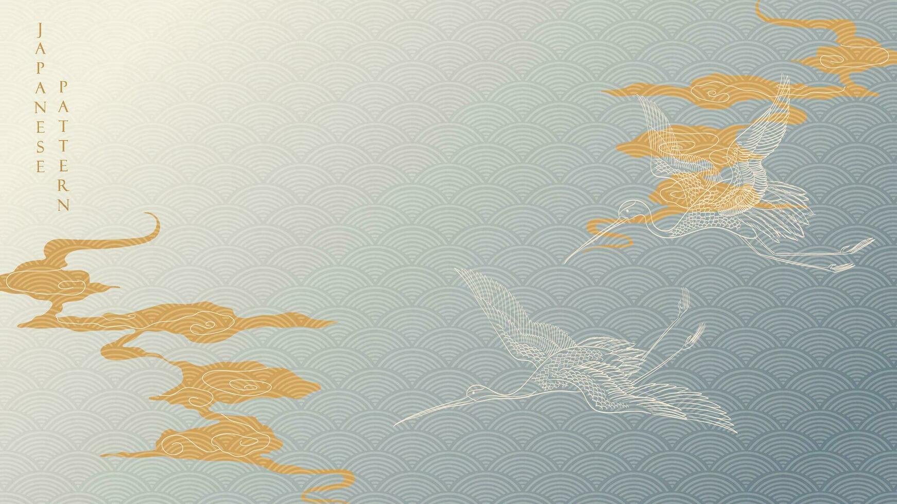 Art landscape background with gold texture vector. Japanese wave pattern with hand drawn line crane birds and cloud banner in vintage style. vector