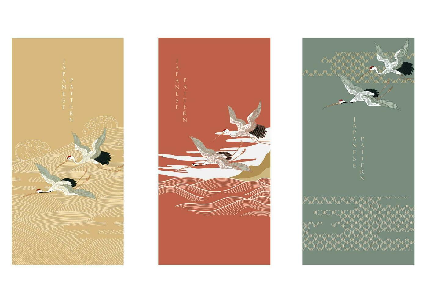 Japanese background with hand drawn wave in vintage style. Art landscape banner design with crane birds card design decoration. vector
