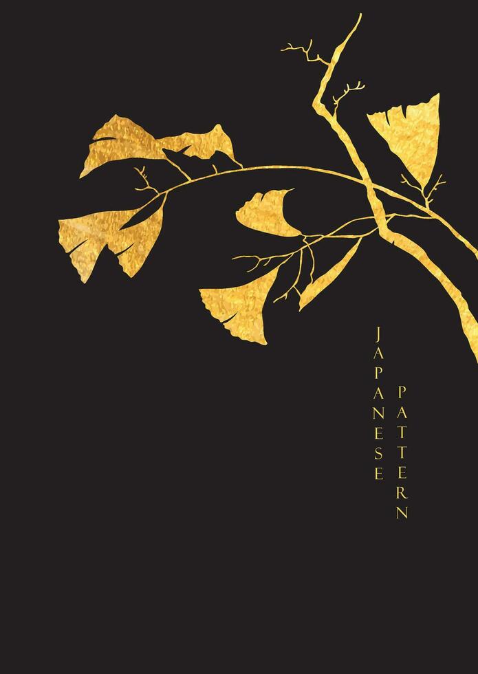 Japanese black background with ginkgo leaves gold texture vector. Painting brush decoration with hand drawn branch of leaves elements in vintage style. vector