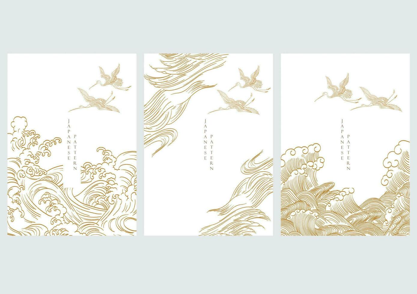 Japanese template with hand drawn wave vector. Oriental template with abstract background in vintage style. Crane birds decoration. vector
