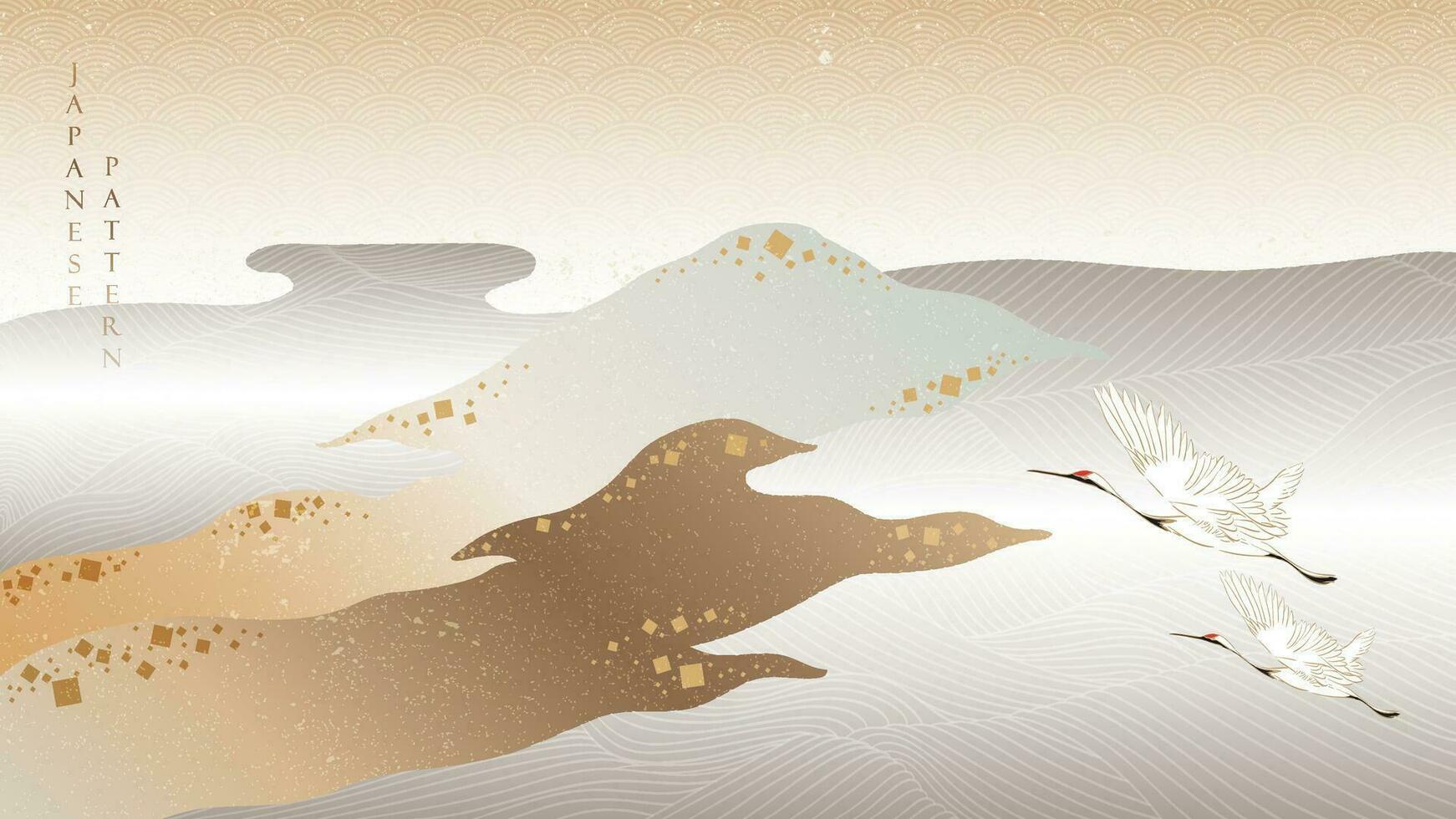 Japanese background with hand drawn wave in vintage style. Art landscape and ocean sea banner design with crane birds in oriental decoration. vector