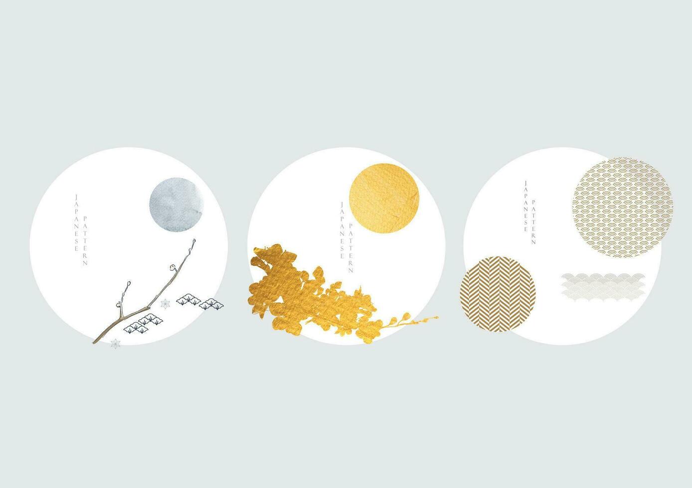 Japanese background vector. Asian icons and symbols. Oriental traditional poster design. Abstract pattern and template. Gold foil texture and black watercolor elements. vector