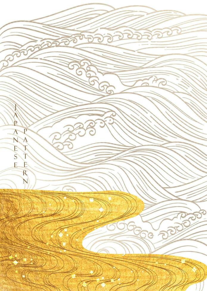 Japanese background with hand drawn ocean wave line vector. Gold texture in vintage style. Presentation template design, poster, cd cover, flyer, website backgrounds, banner or advertising. vector