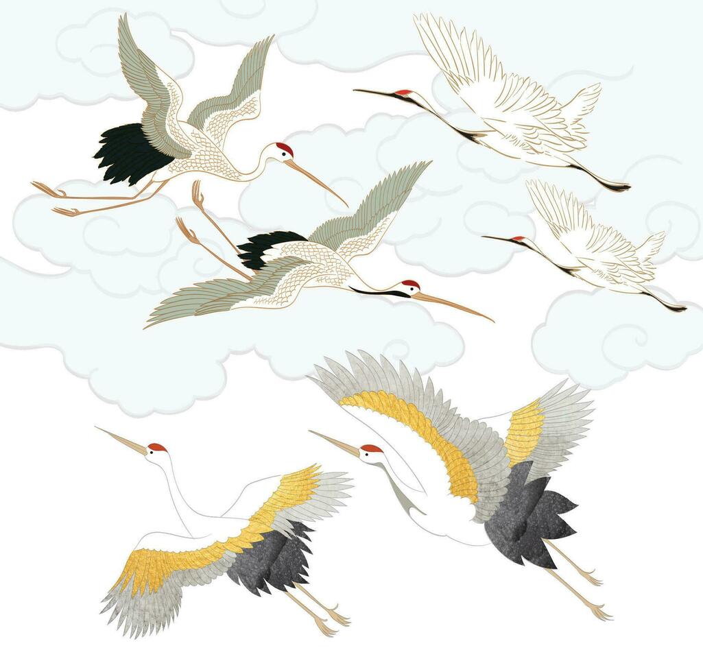 Crane birds hand drawn line elements vector. Oriental animal icon in vintage style. vector