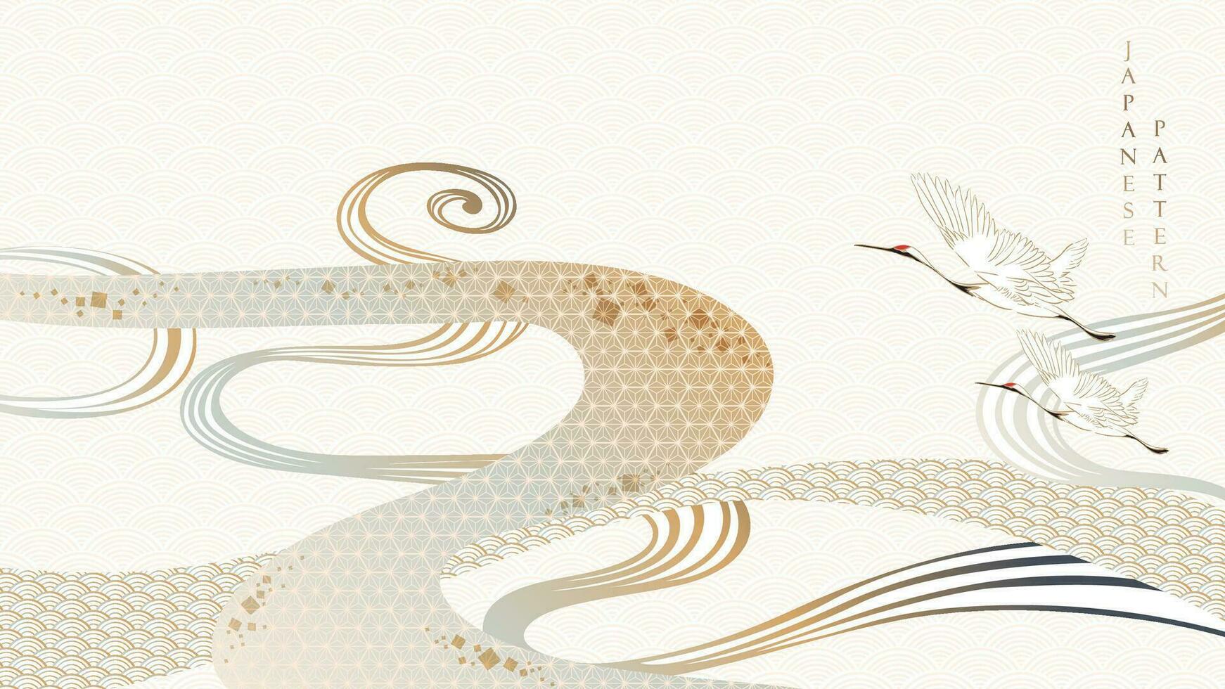 Abstract landscape with Japanese wave pattern vector. Nature art background with crane birds invitation card template in vintage style. Asian traditional icon and hand drawn line  in oriental style. vector