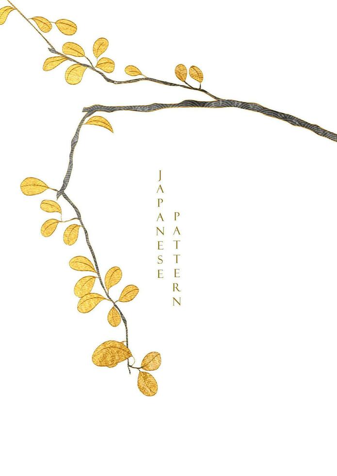 Japanese background with gold and black texture vector. Branch with leaves decoration with natural illustration in vintage style. vector