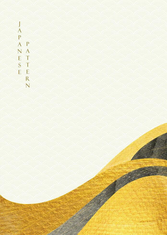 Japanese background with hand drawn line wave pattern vector. Abstract art template with geometric pattern. Mountain forest layout design in vintage style. Gold and black texture. vector