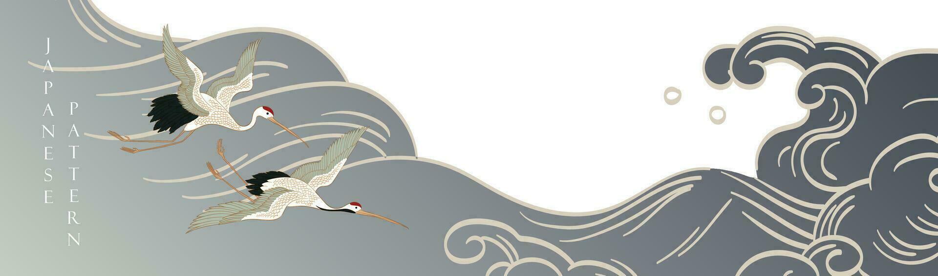 Crane bird decoration vector. Japanese background with hand drawn wave pattern. Ocean sea banner design with natural landscape banner template in vintage style. vector