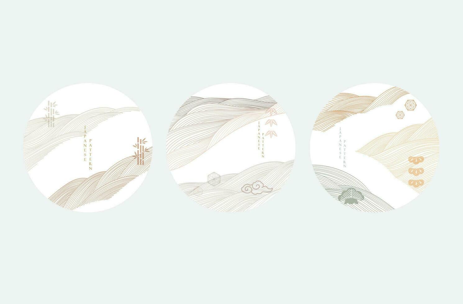 Japanese background with line wave pattern vector. Abstract art template with geometric pattern. Mountain forest with Asian icon design in vintage style. vector