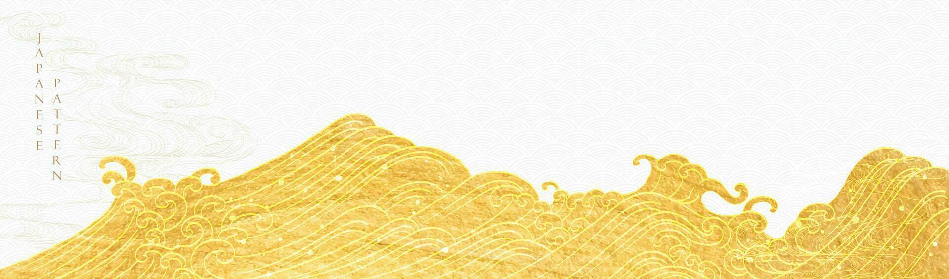 Japanese background with hand drawn wave line vector. Gold texture in vintage style. Presentation template design, poster, flyer, website backgrounds, banner or advertising vector