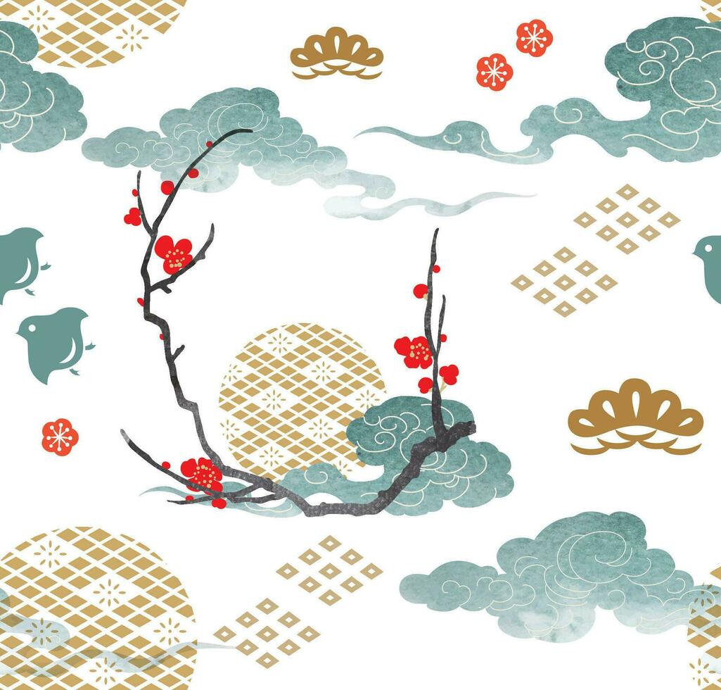 japonés sin costura modelo con resumen Arte elementos vector. asiático antecedentes con oriental decoración tal como mano dibujado bambú árbol, Cereza florecer flor, nube icono en Clásico estilo. vector