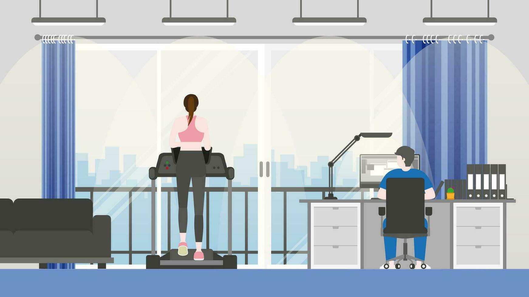 Work from home lifestyle. Man is working on computer and woman has exercise running on treadmill. vector