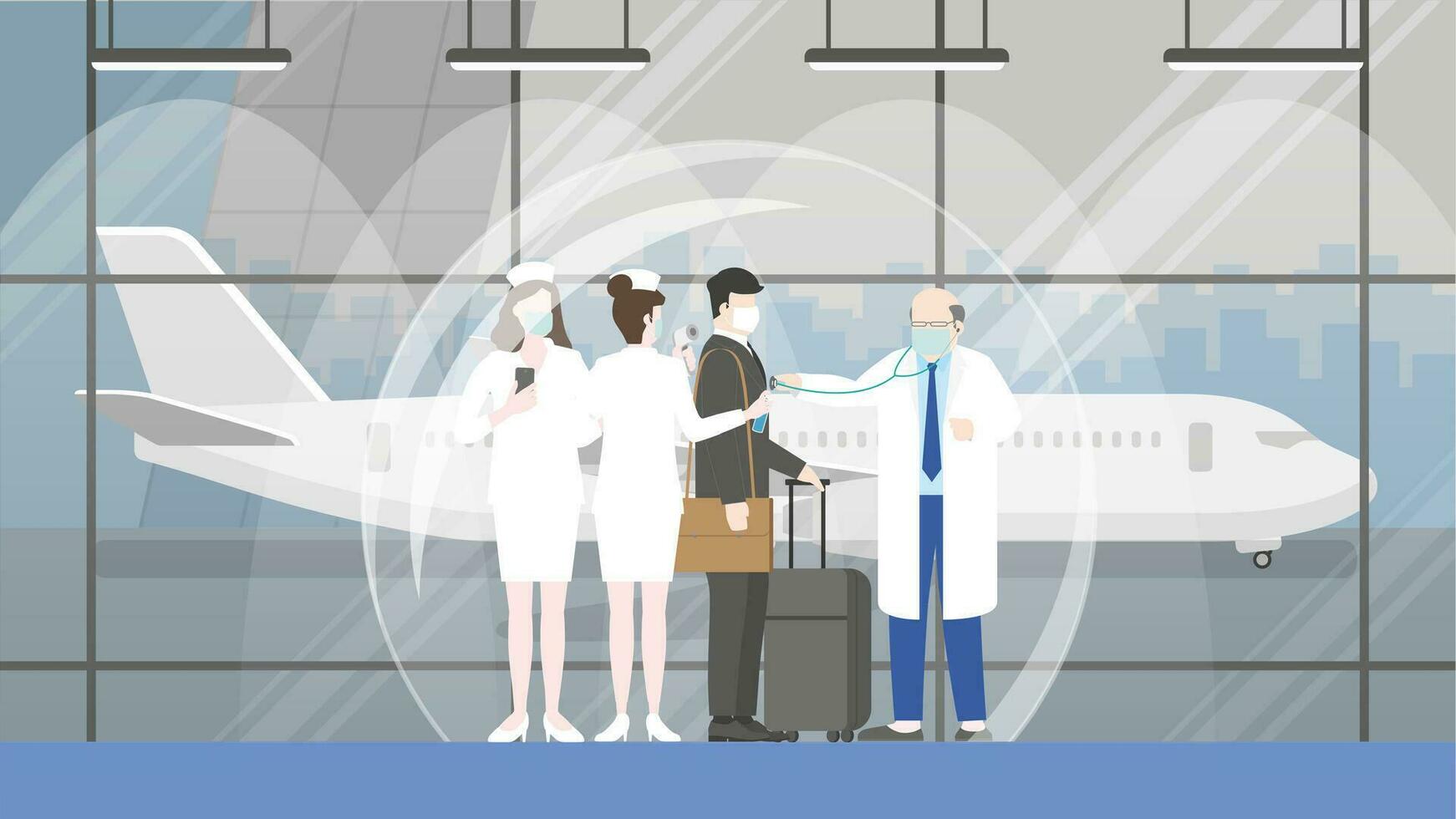 Travel bubble concept. At the airport health checkpoint. vector