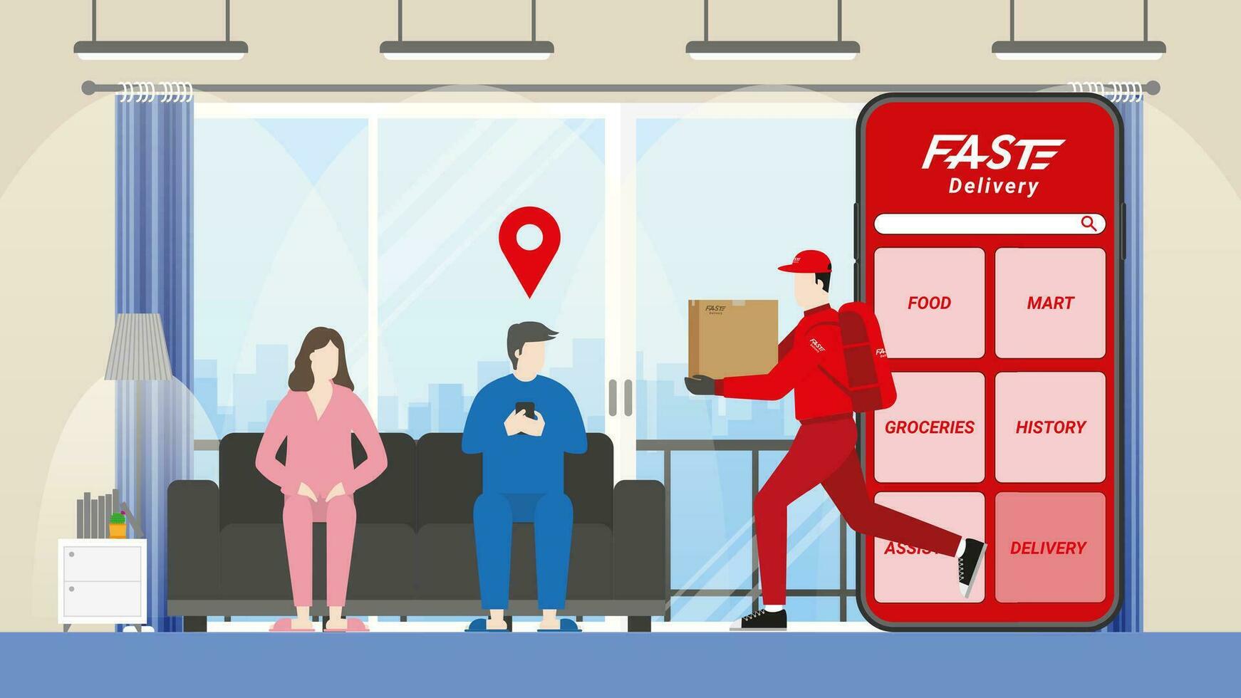 Delivery man and parcel box with fast express deliver vector