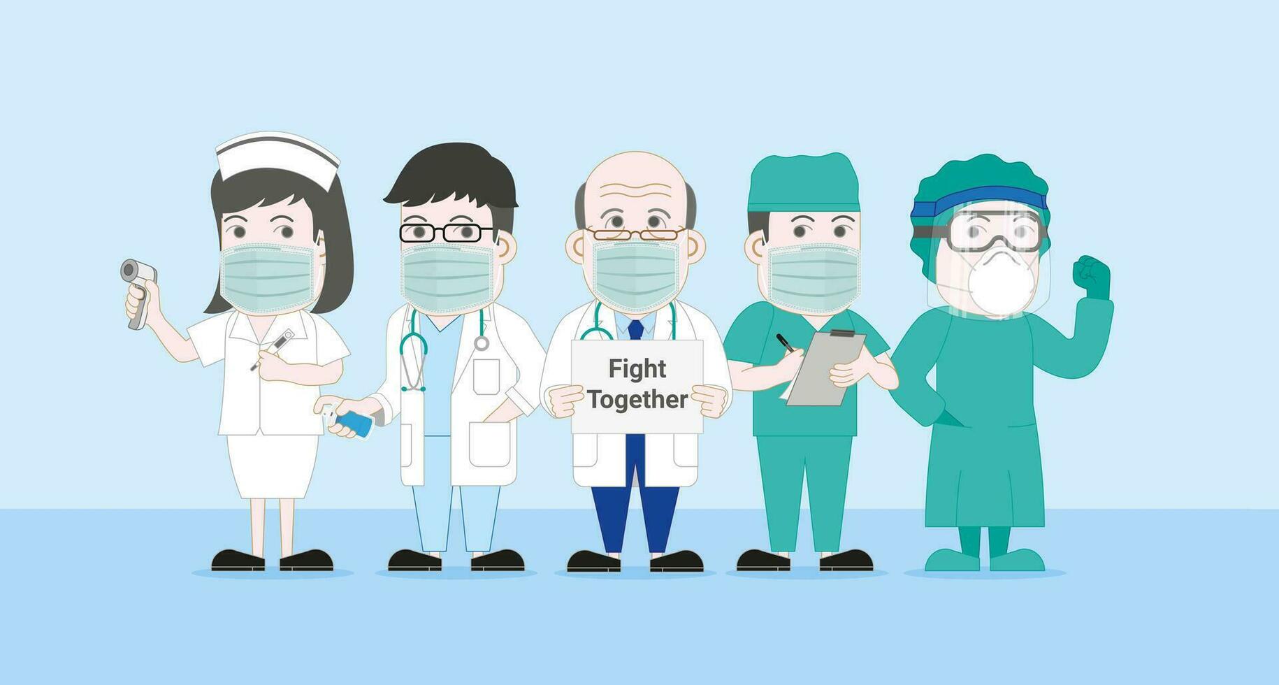 asiático médico grupo de médico y enfermero en pie Listo a lucha juntos para proteger virus. vector