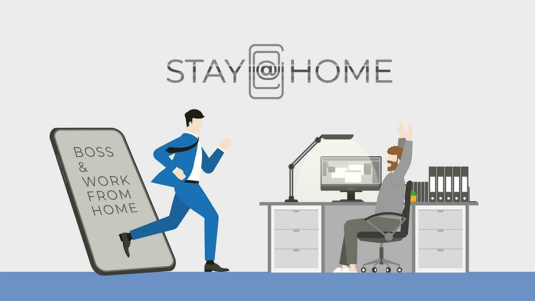 The shocked man have work from home. Using computer while boss get through mobile screen vector