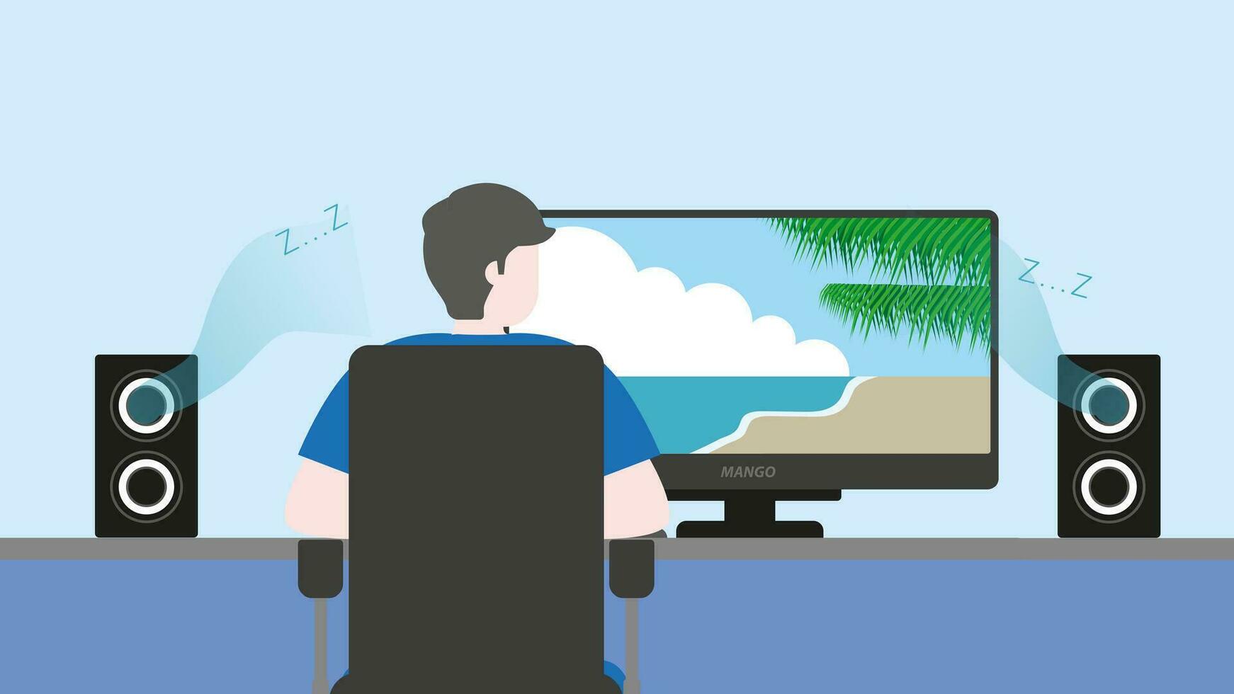 un hombre tiene viaje a el mar playa por computadora pantalla, y escucha a un relajarse música. vector