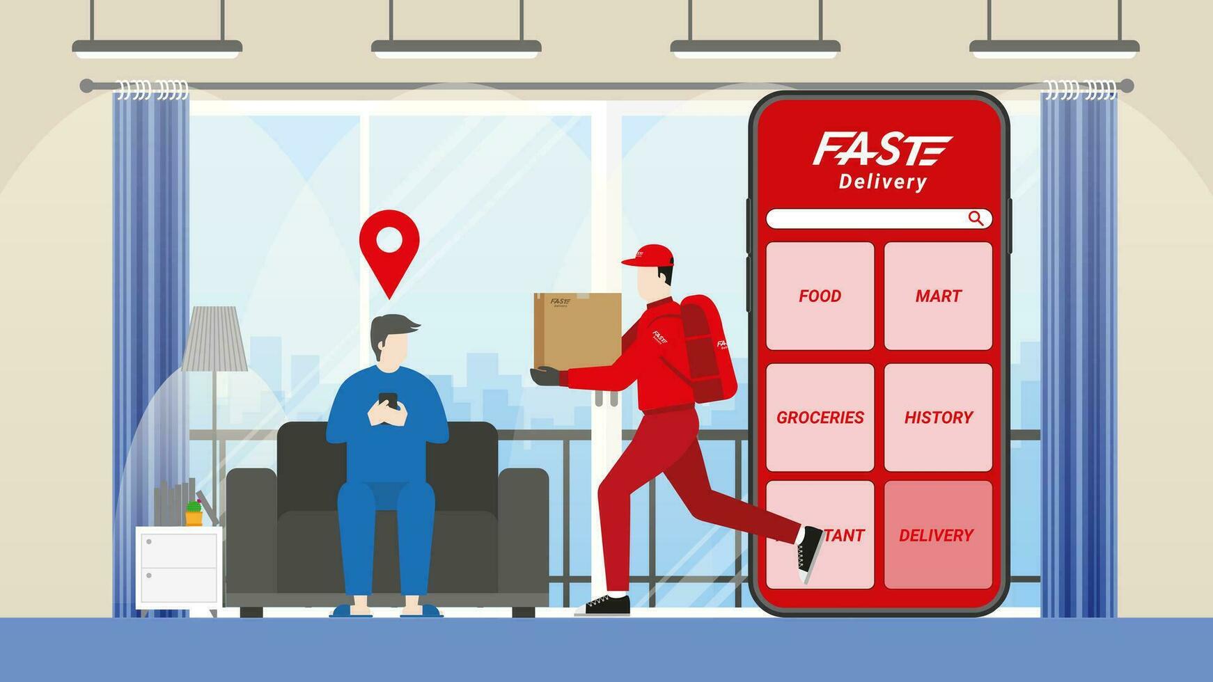 Delivery man and parcel box with fast express deliver vector