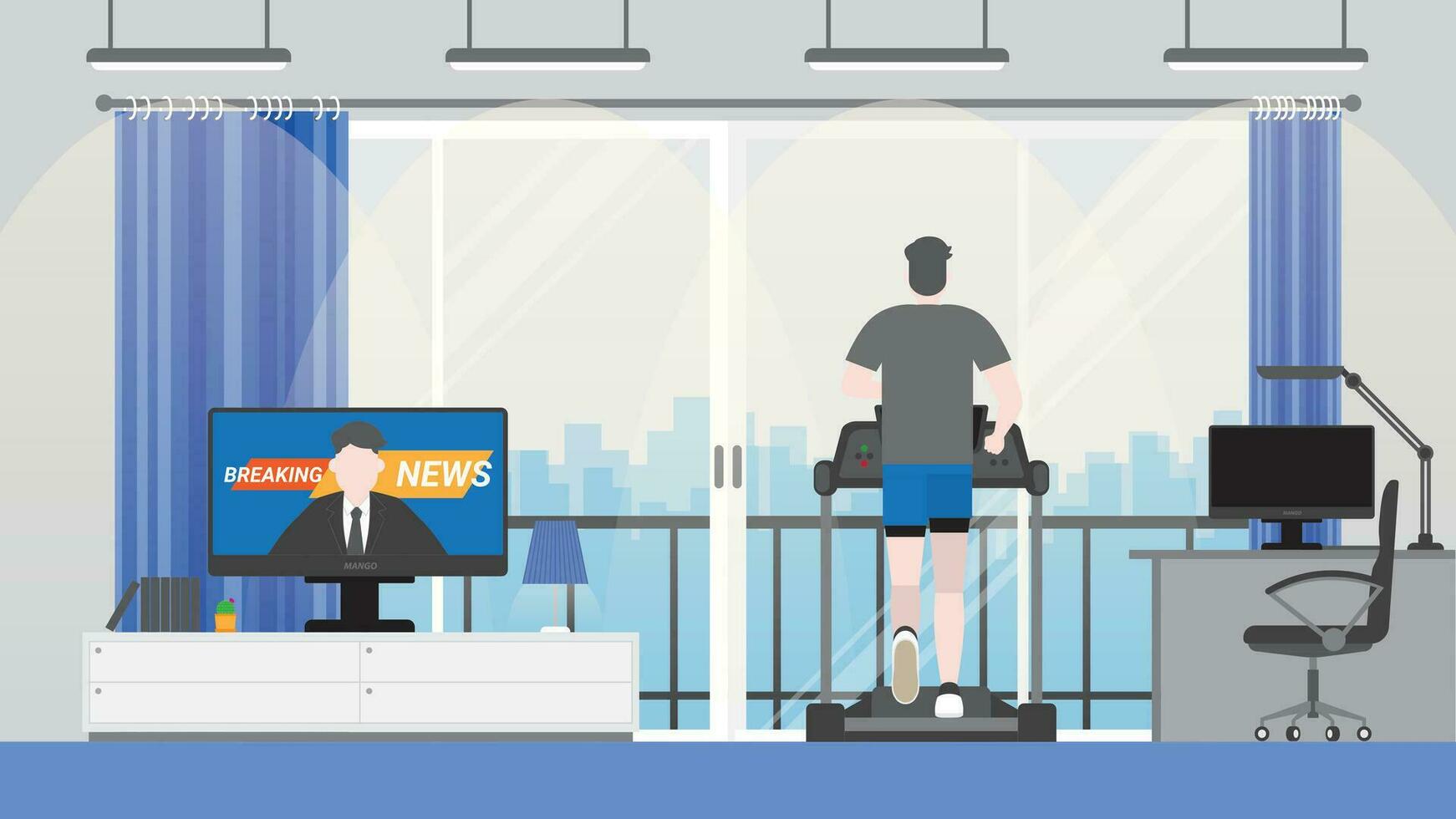 Exercise running on treadmill and listening news from screen. vector