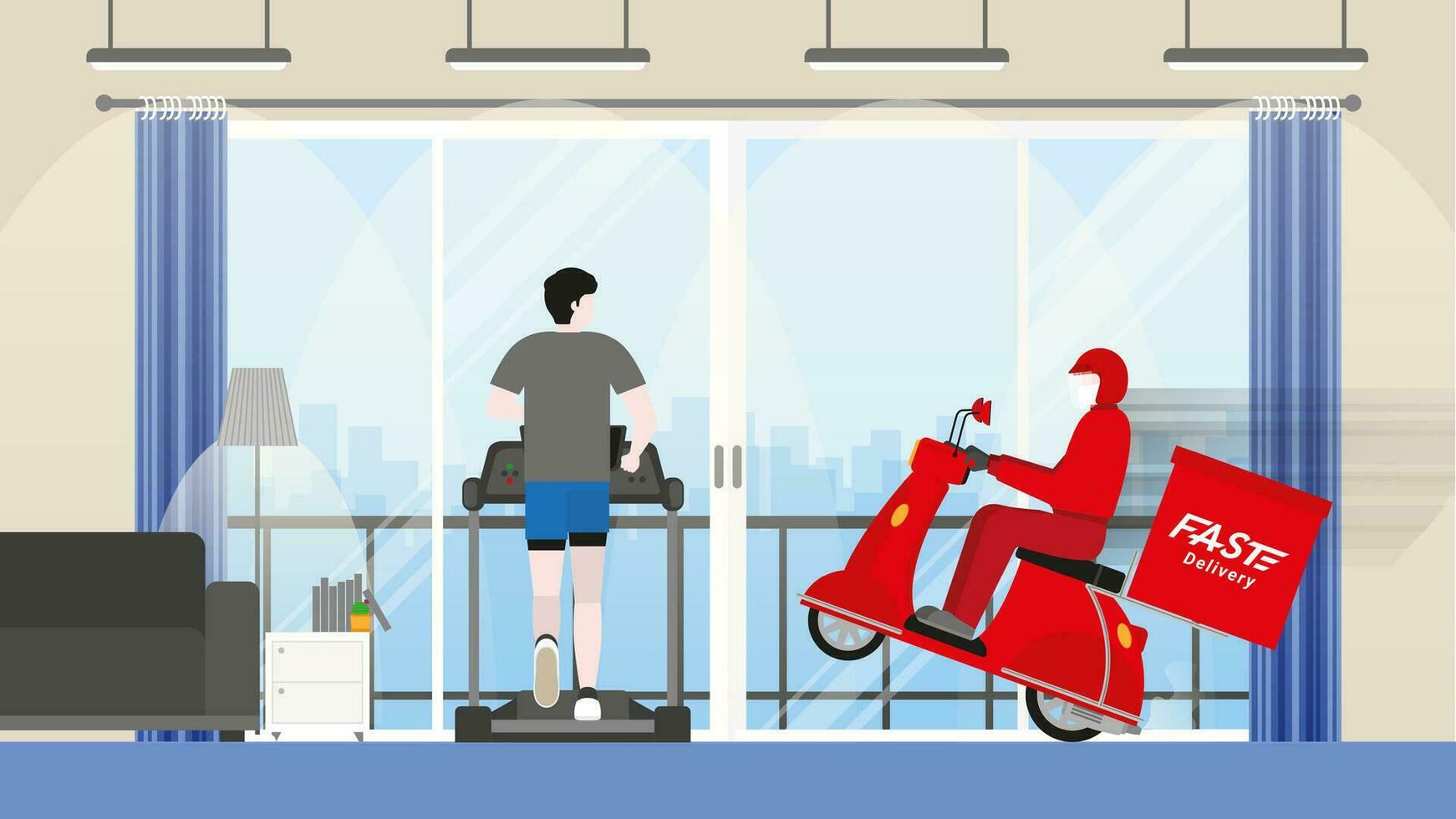 Delivery man bike arrive to customer house with fast. vector