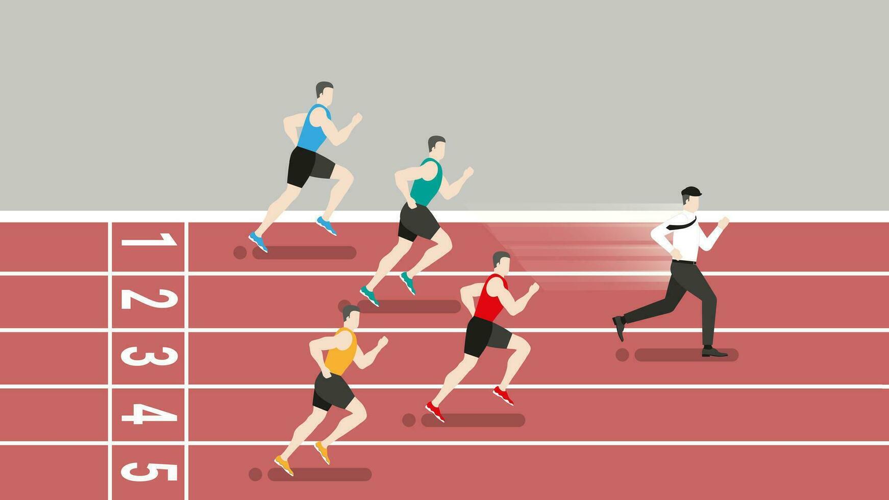 Funny concept. Faster office man running win over runners athlete in race track. vector