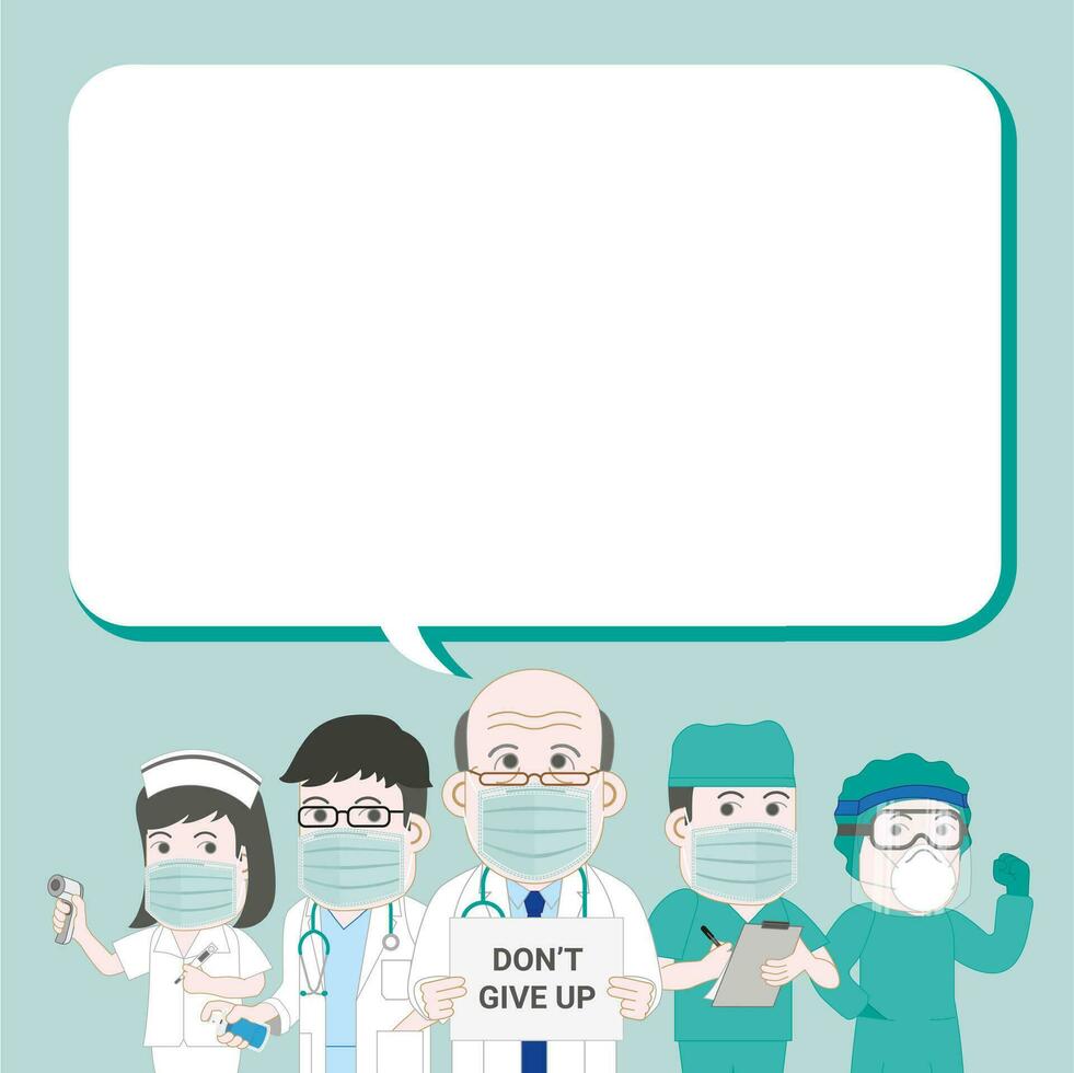 Blank text box. Asian medical group of doctor and nurse cheer up card. vector