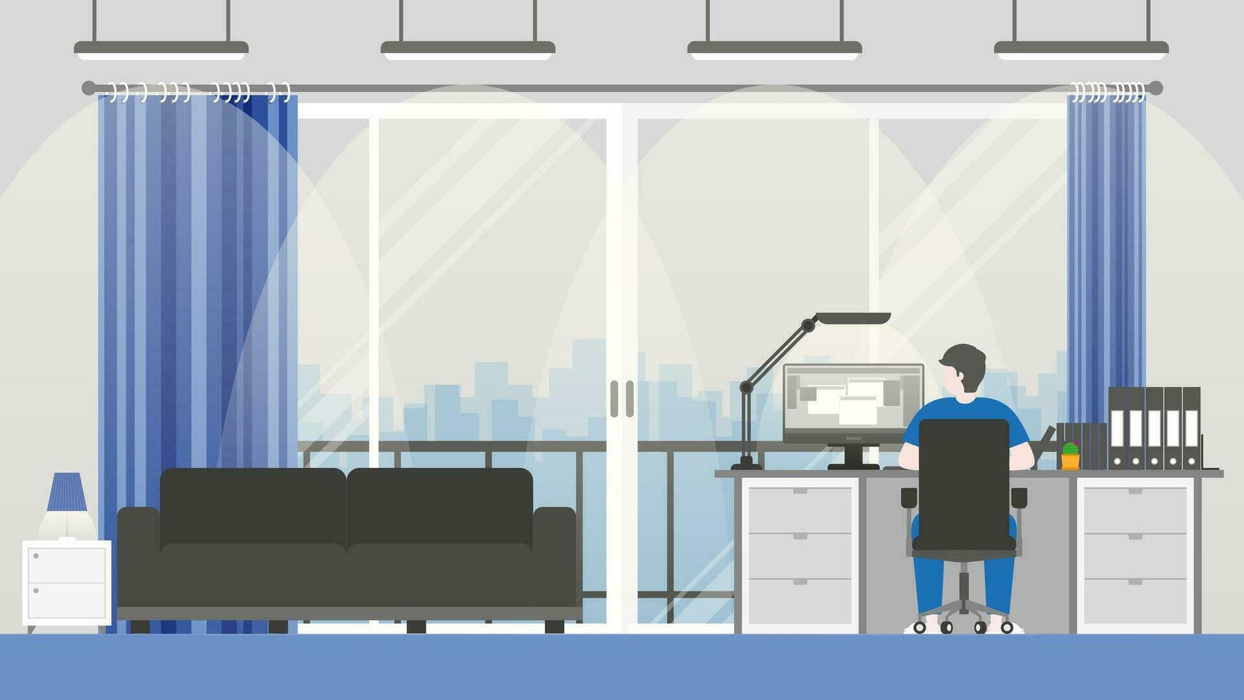 Man working on computer in his condominium. flat style design concept vector