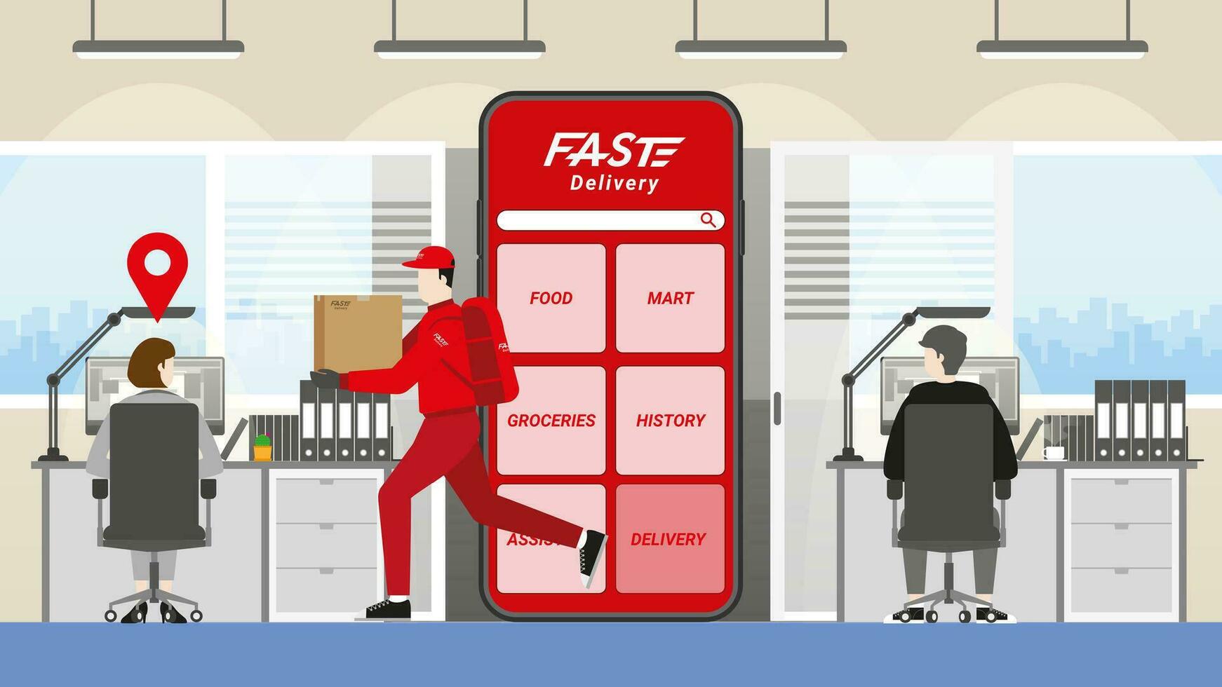 Delivery man and parcel box with fast express deliver get through mobile phone application vector