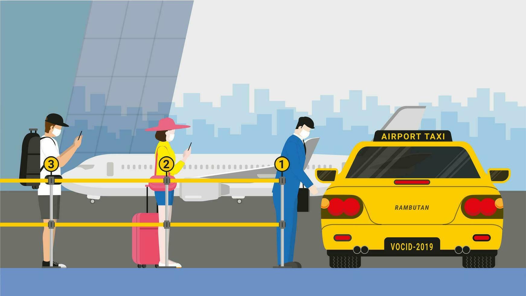 personas vistiendo máscara y social distanciamiento cola para aerolínea personal control a aeropuerto Taxi cola línea. vector