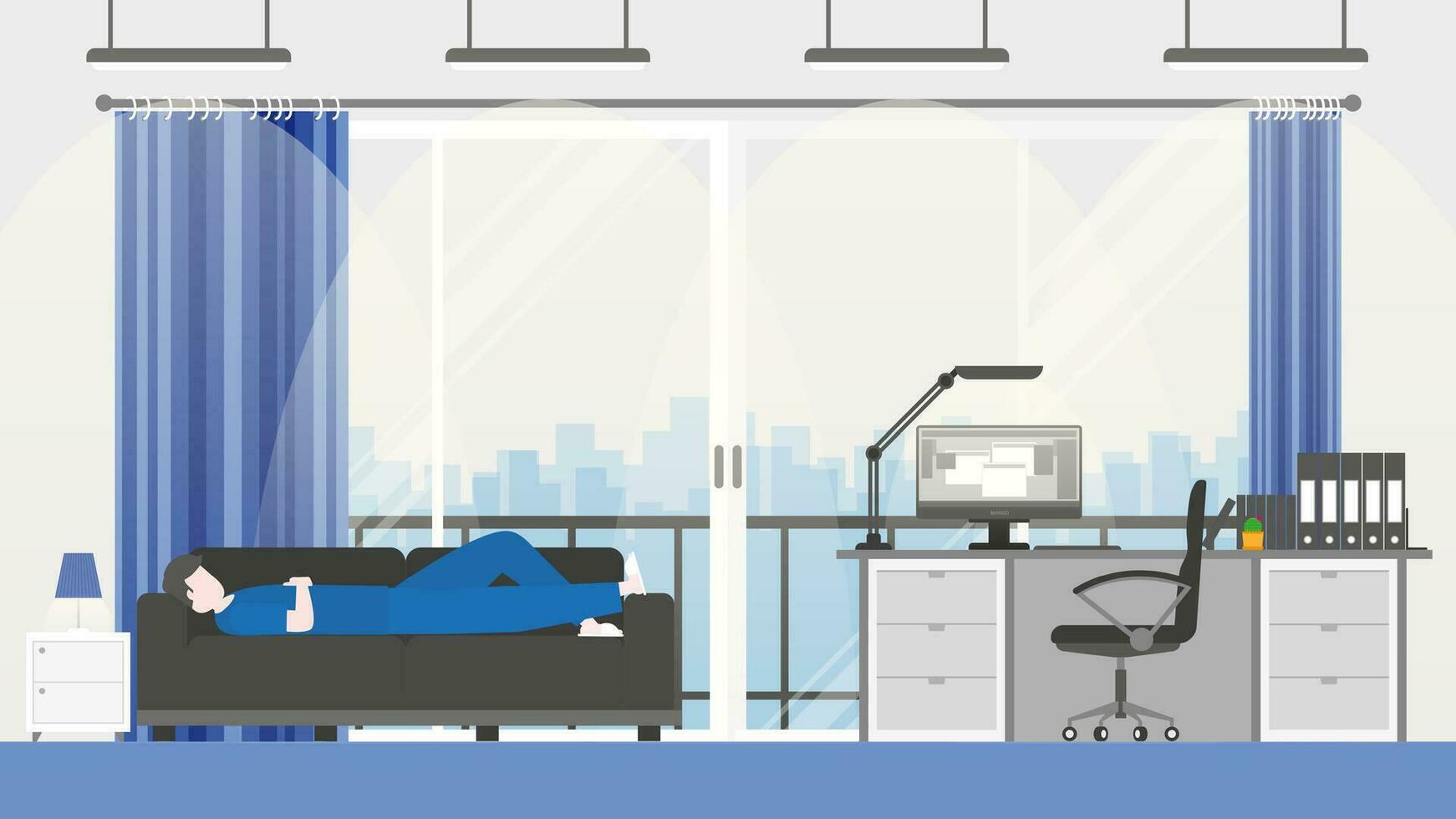 New normal lifestyle is work from home. Man napping on sofa in his condominium. vector