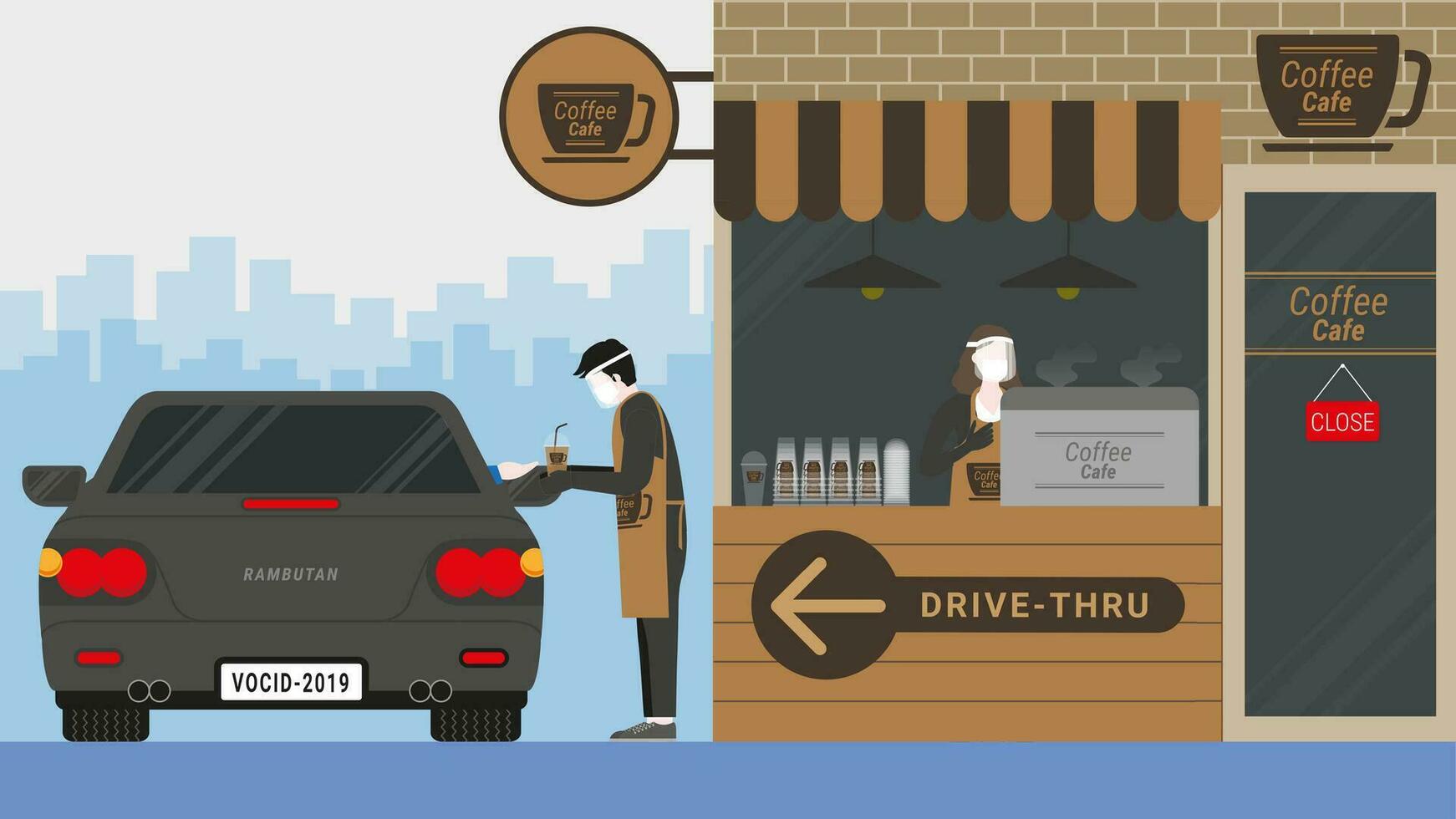 Coffee shop is close. Changing to coffee cafe kiosk for drive-thru service. vector