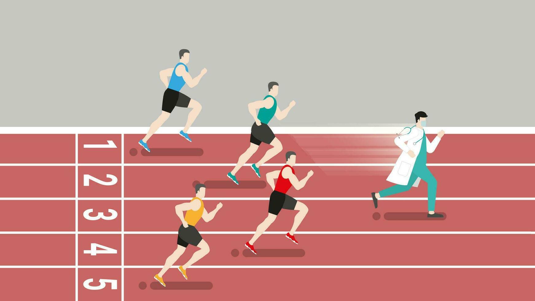 Faster doctor running win over runners athlete in race track vector