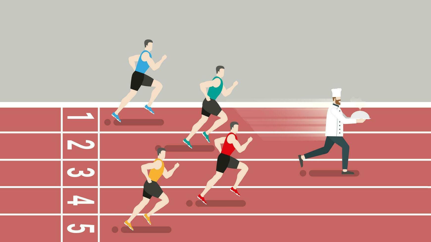 Faster chef holding hot food running win over runners athlete in race track. vector