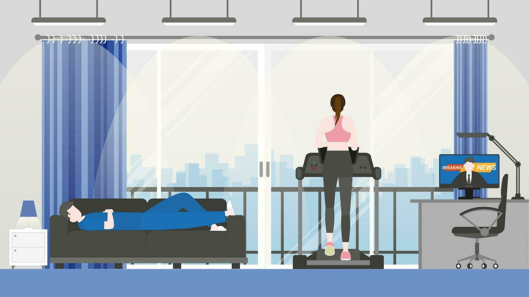 Man is sleeping on sofa and woman has exercise running on treadmill. vector