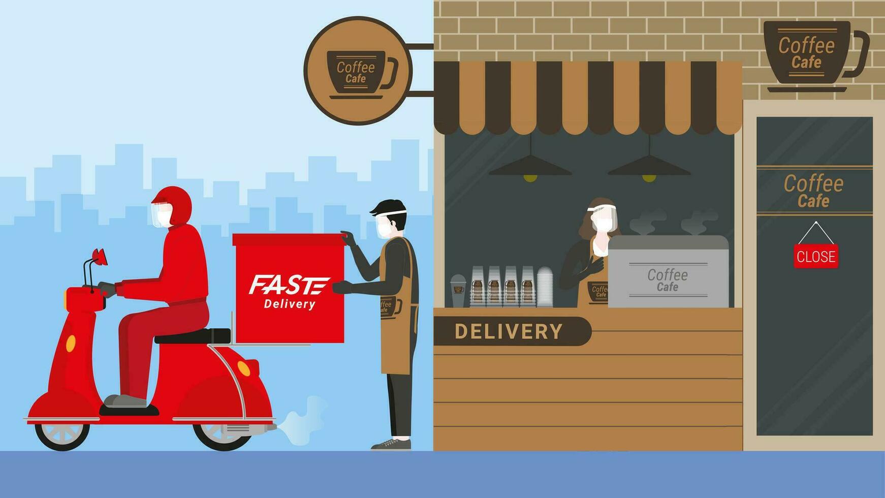 Coffee cafe is close. Changing to shop kiosk for delivery online order vector